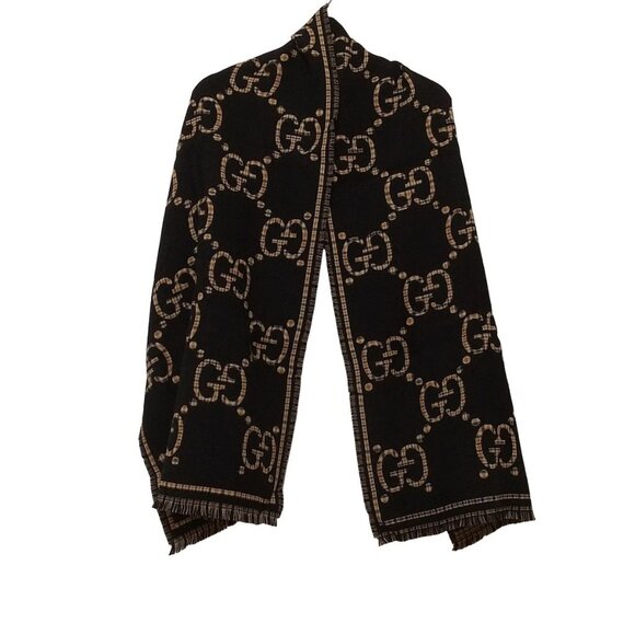 GUCCI - Black Beige Brown Wool Scarf 558-070725 - Picture 1 of 8